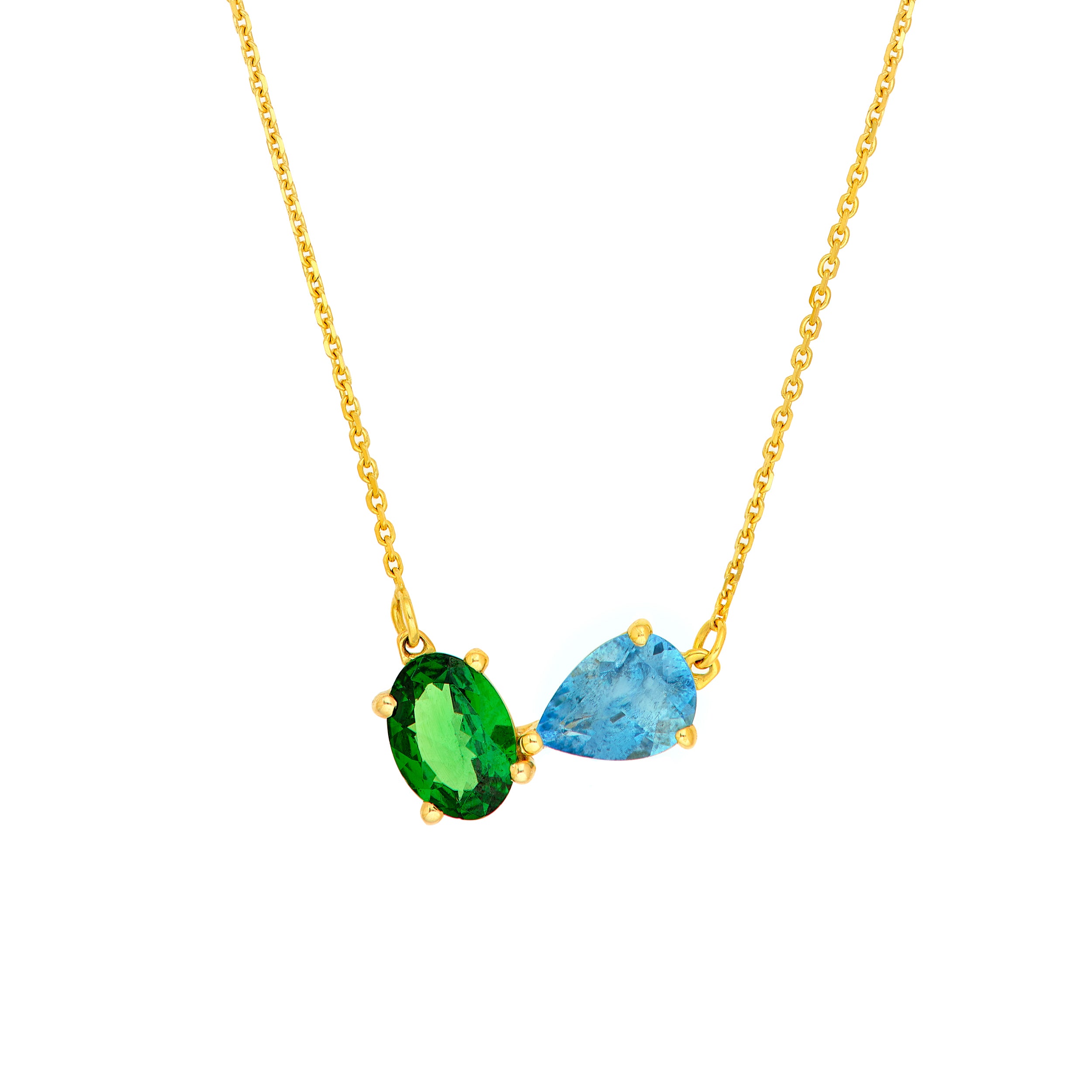 1-1/2tcw Toi et Moi Pear Aqua Sapphire & Tsavorite Neckace