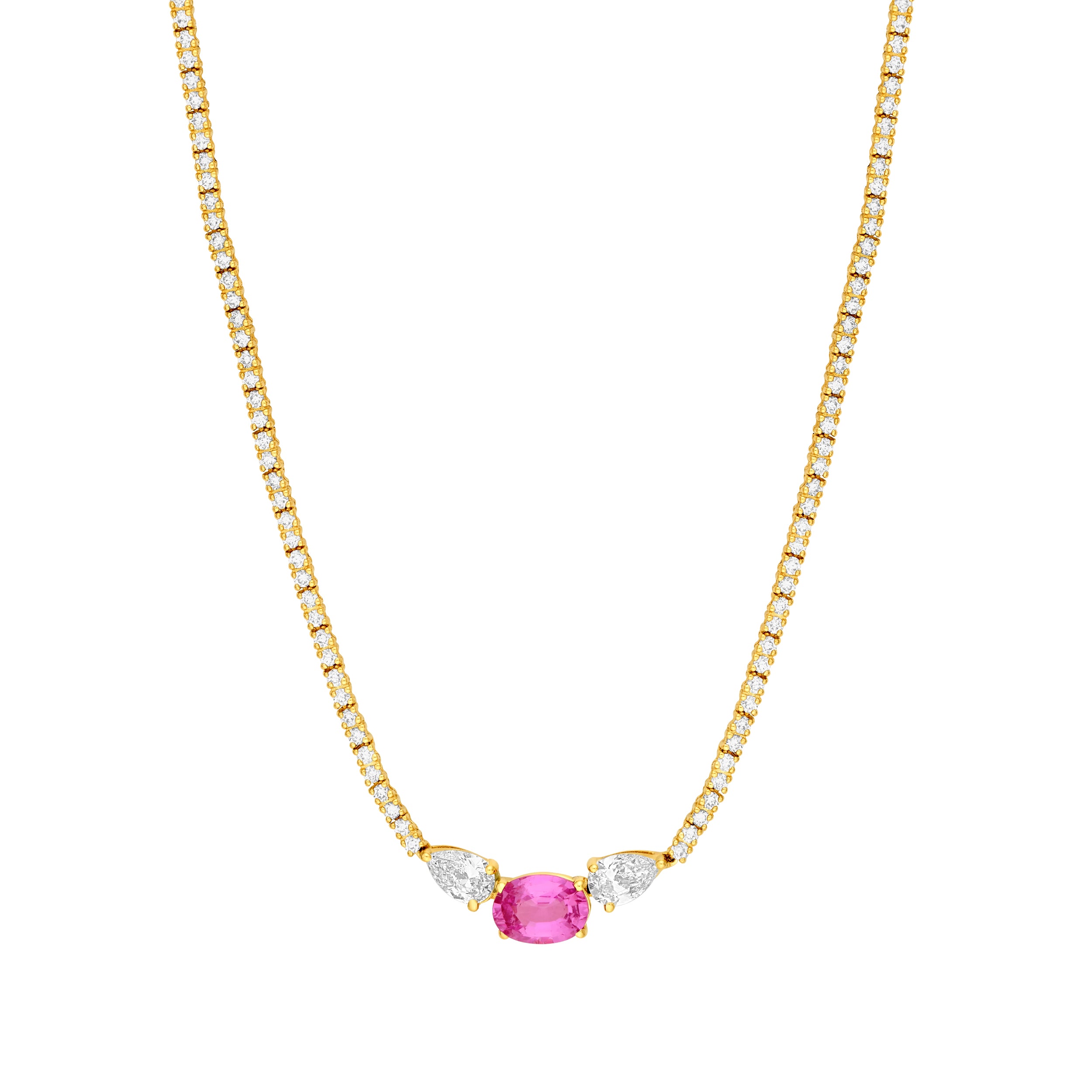 Oval Pink Sapphire and Pear Diamond Tennis Necklace