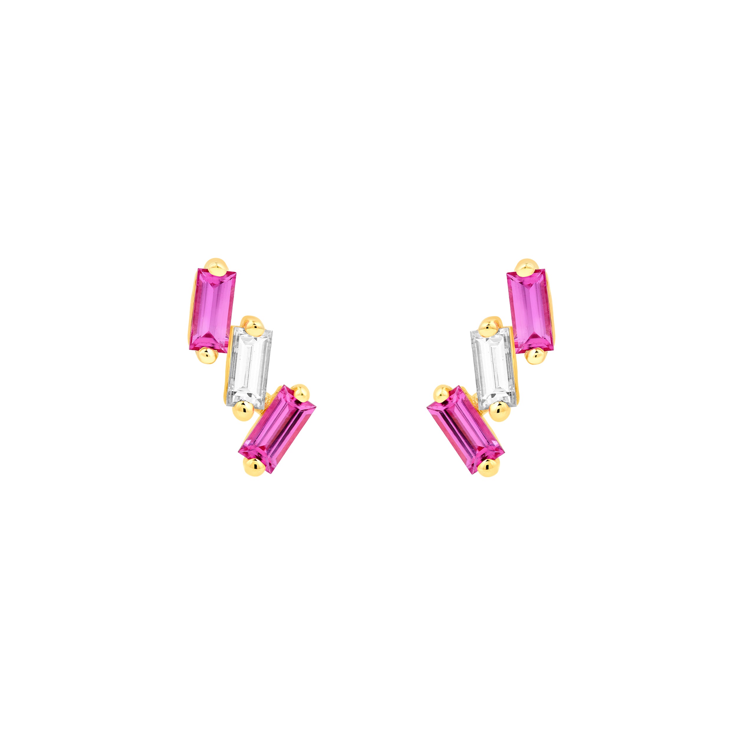 7/8tcw Square Baguette Pink Sapphire & Diamond Stud Earrings