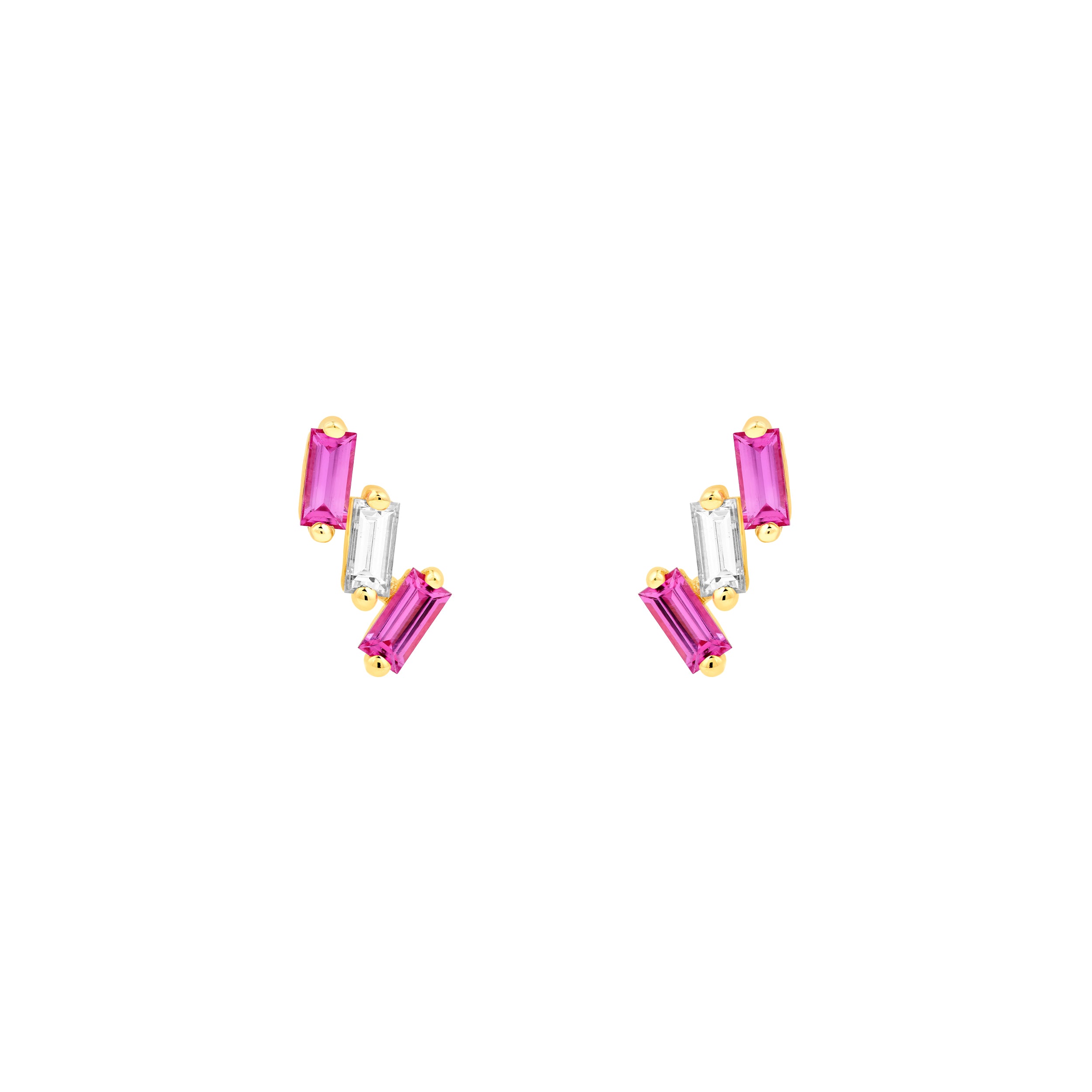 7/8tcw Square Baguette Pink Sapphire & Diamond Stud Earrings