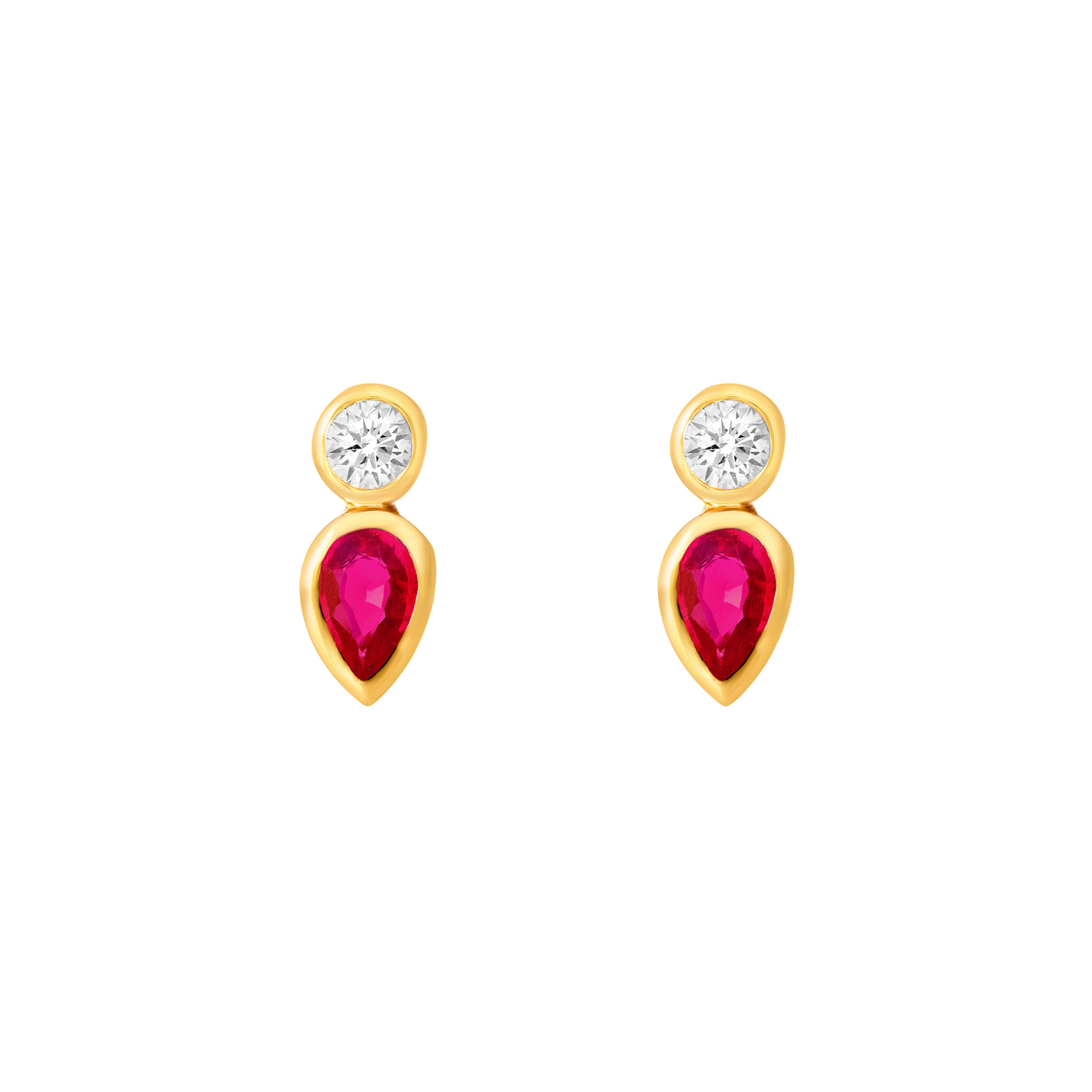 1/4tcw Pear Shape Ruby & 1/10tcw Round Diamond Bezel Earring