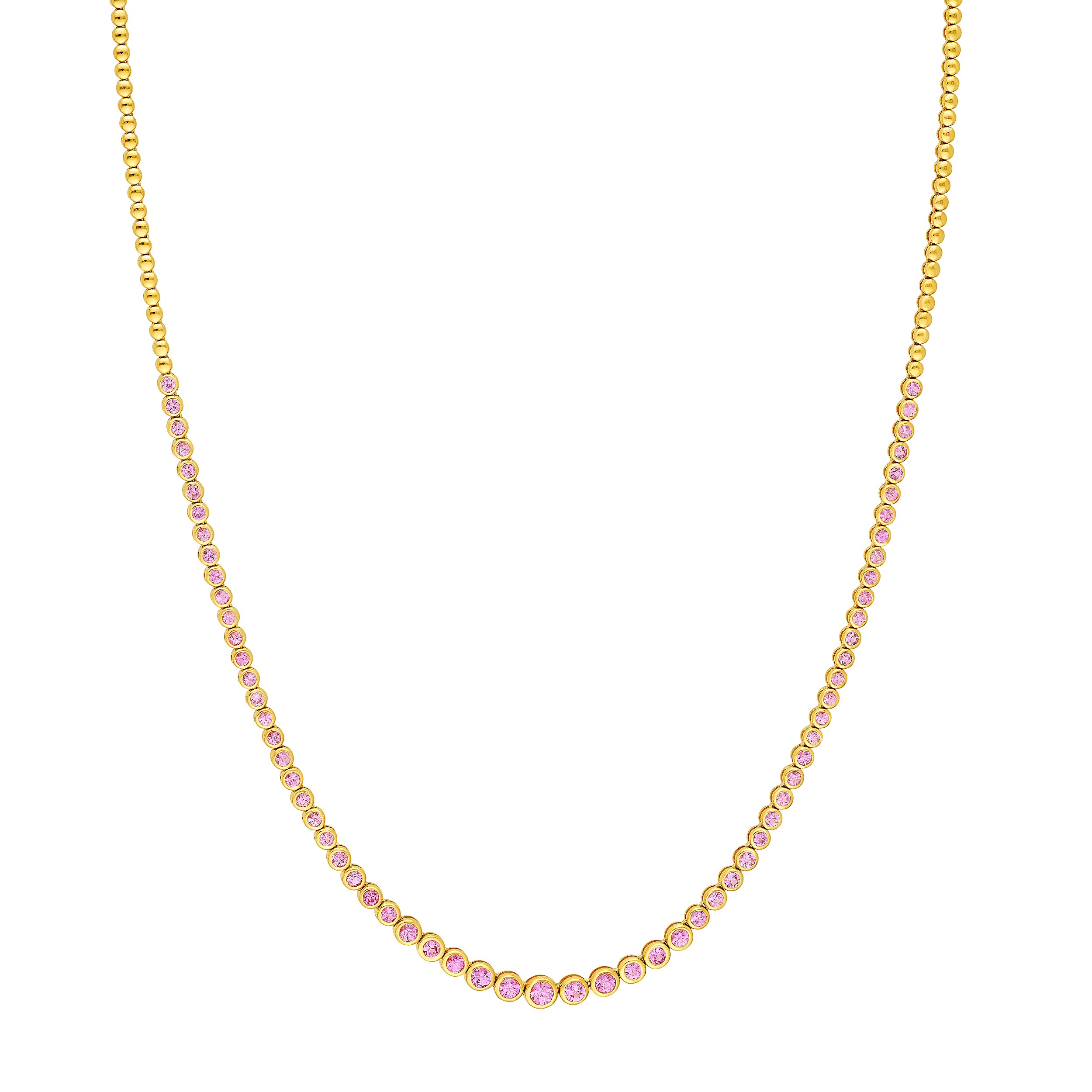 4-1/6tcw Pink Sapphire Graduated Bezel Tennis Necklace