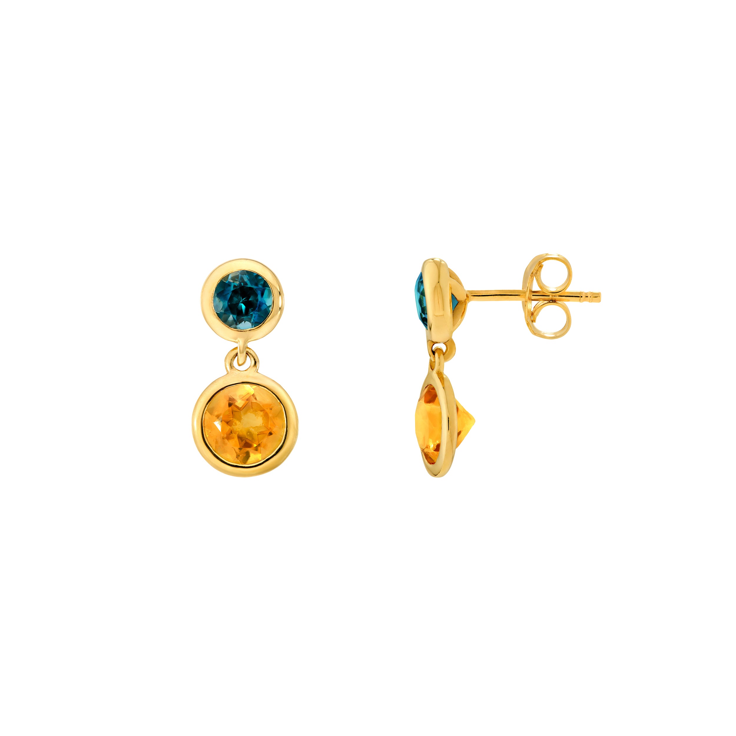 Citrine & Blue Topaz Bezel Drop Earrings