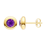 Round Purple Amethyst Double Bezel Stud Earrings
