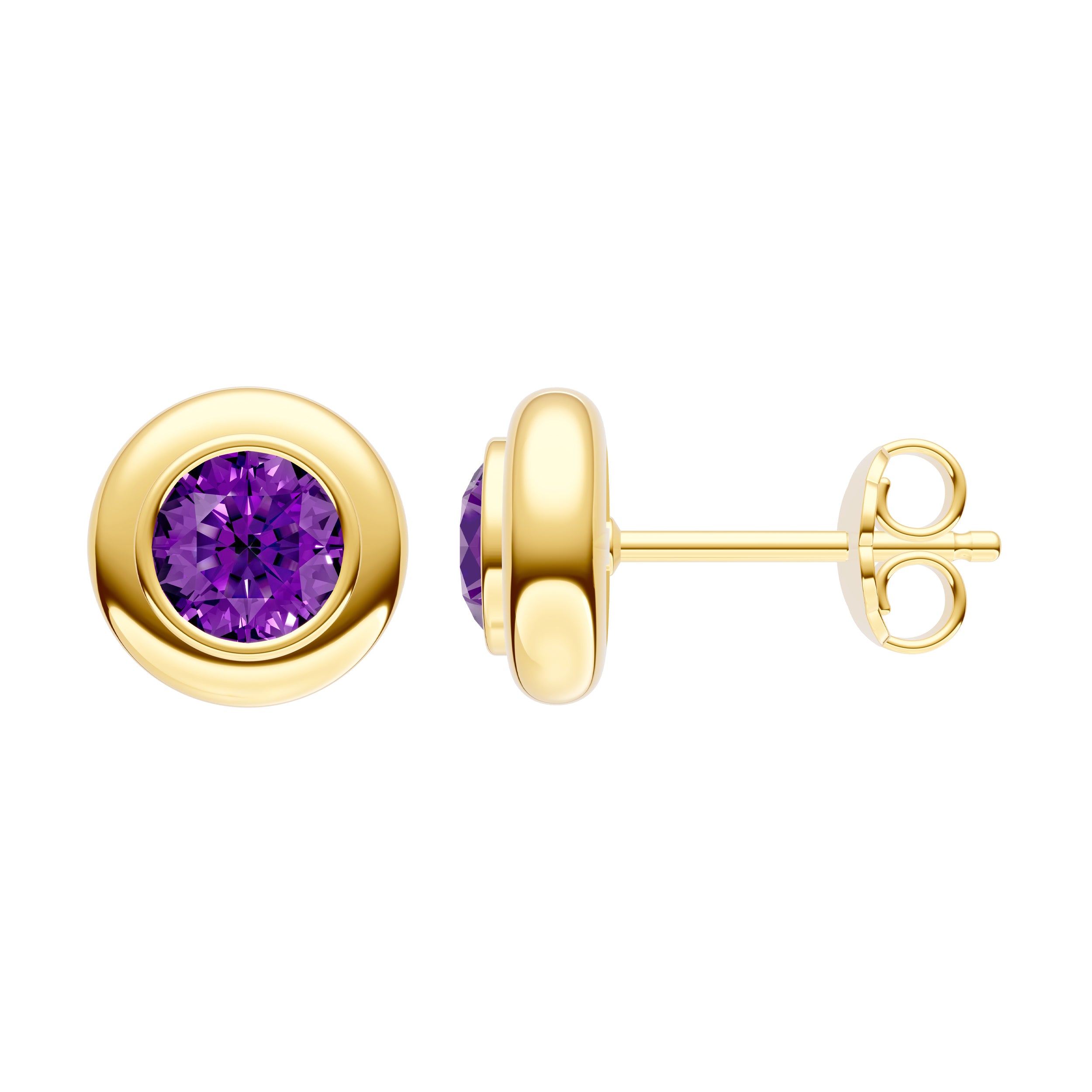 Round Purple Amethyst Double Bezel Stud Earrings