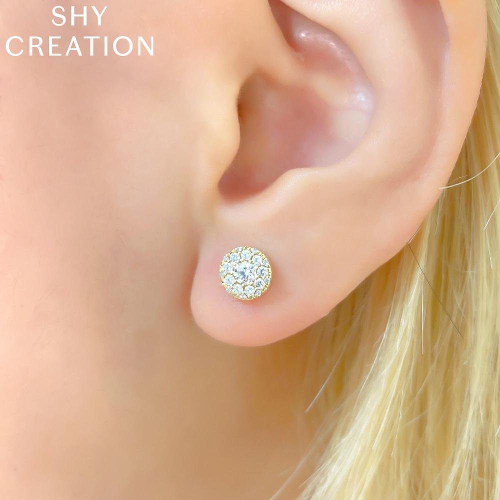0.24CT-CTR(ROUND) 0.26CT-SIDE 14K Y/G DIAMOND CLUSTER STUD EARRING