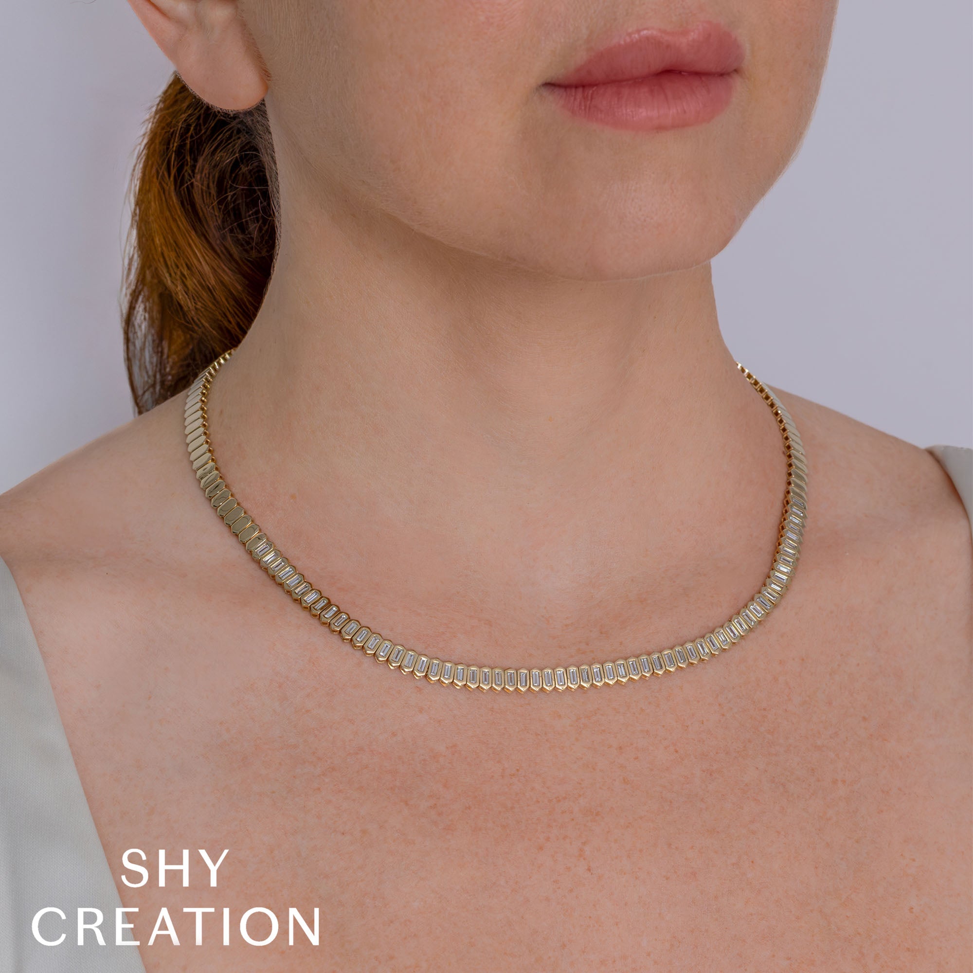 3.01CT 14K Y/G DIAMOND BAGUETTE BEZEL TENNIS NECKLACE