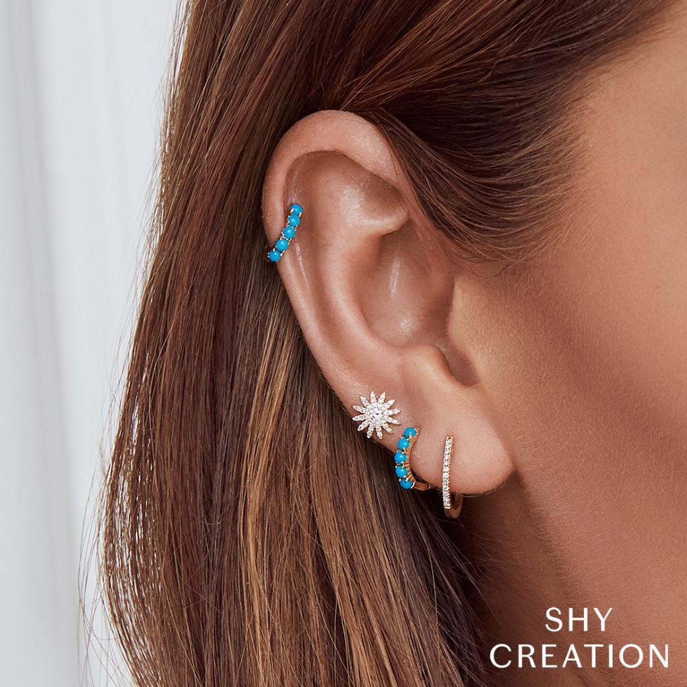 0.43CT 14K Y/G COMPOSITE TURQUOISE HUGGIE EARRING