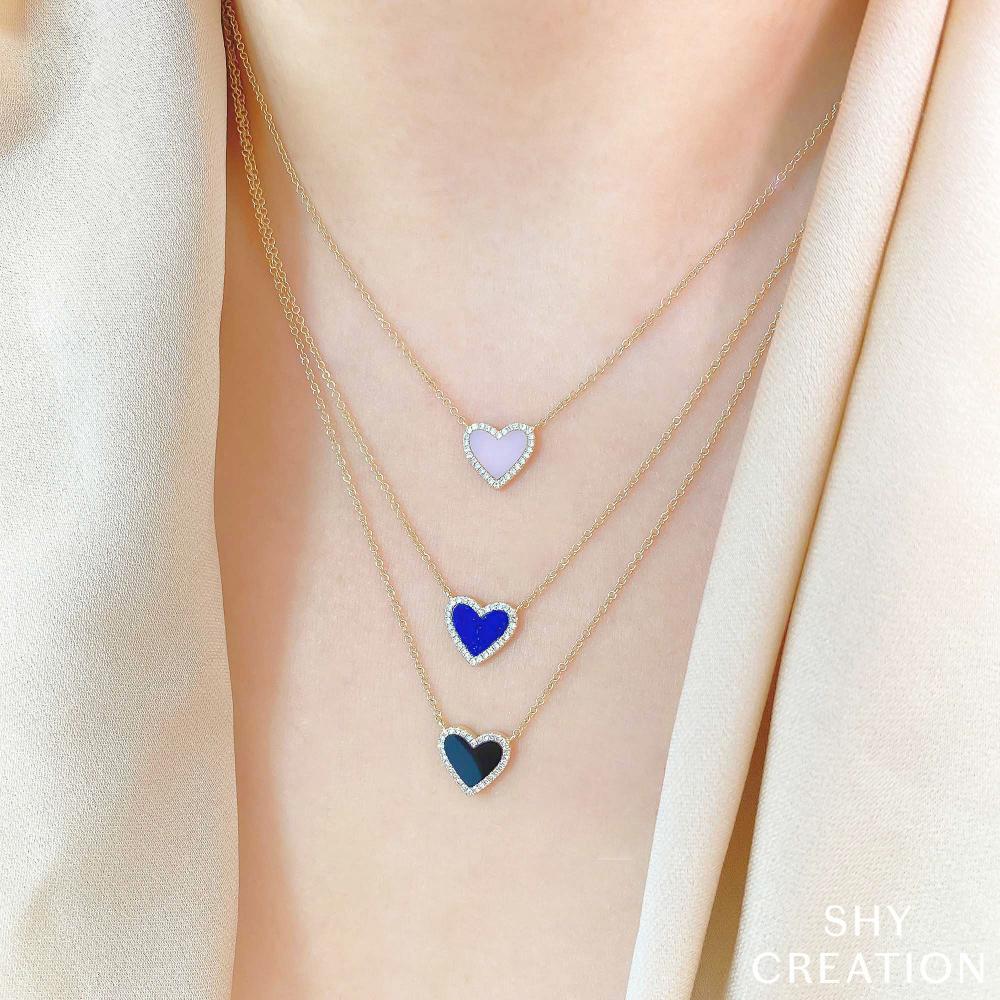 0.09CT DIAMOND & 0.54CT LAPIS 14K Y/G HEART NECKLACE