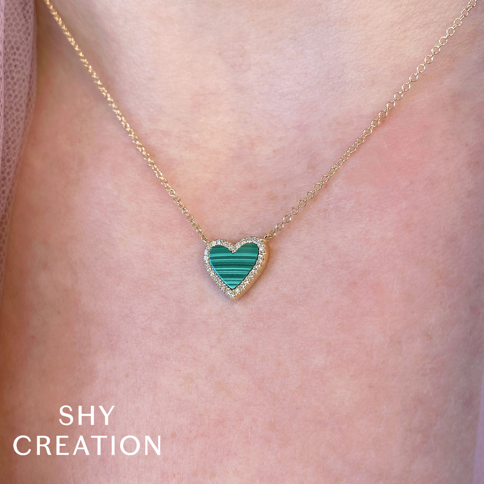 0.09CT DIAMOND & 0.81CT MALACHITE 14K Y/G HEART NECKLACE