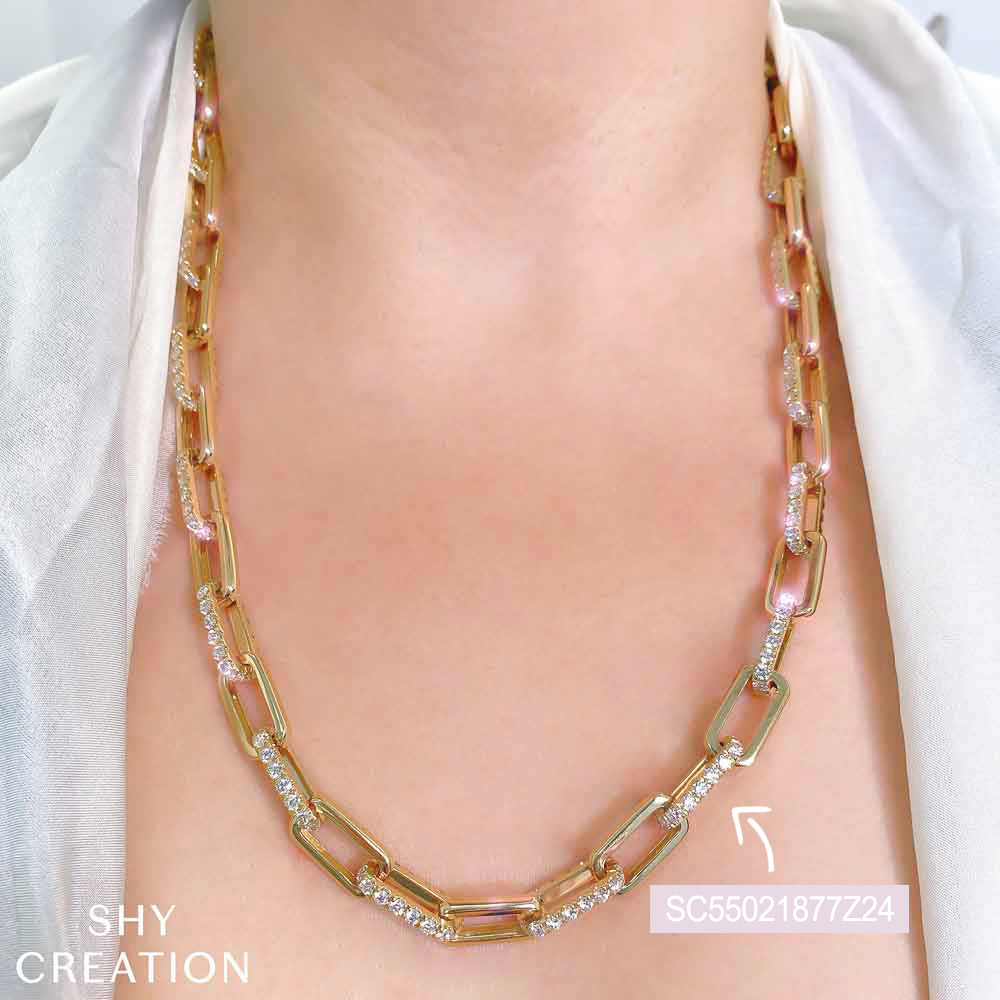 13.01CT 14K Y/G DIAMOND PAVE PAPER CLIP LINK NECKLACE