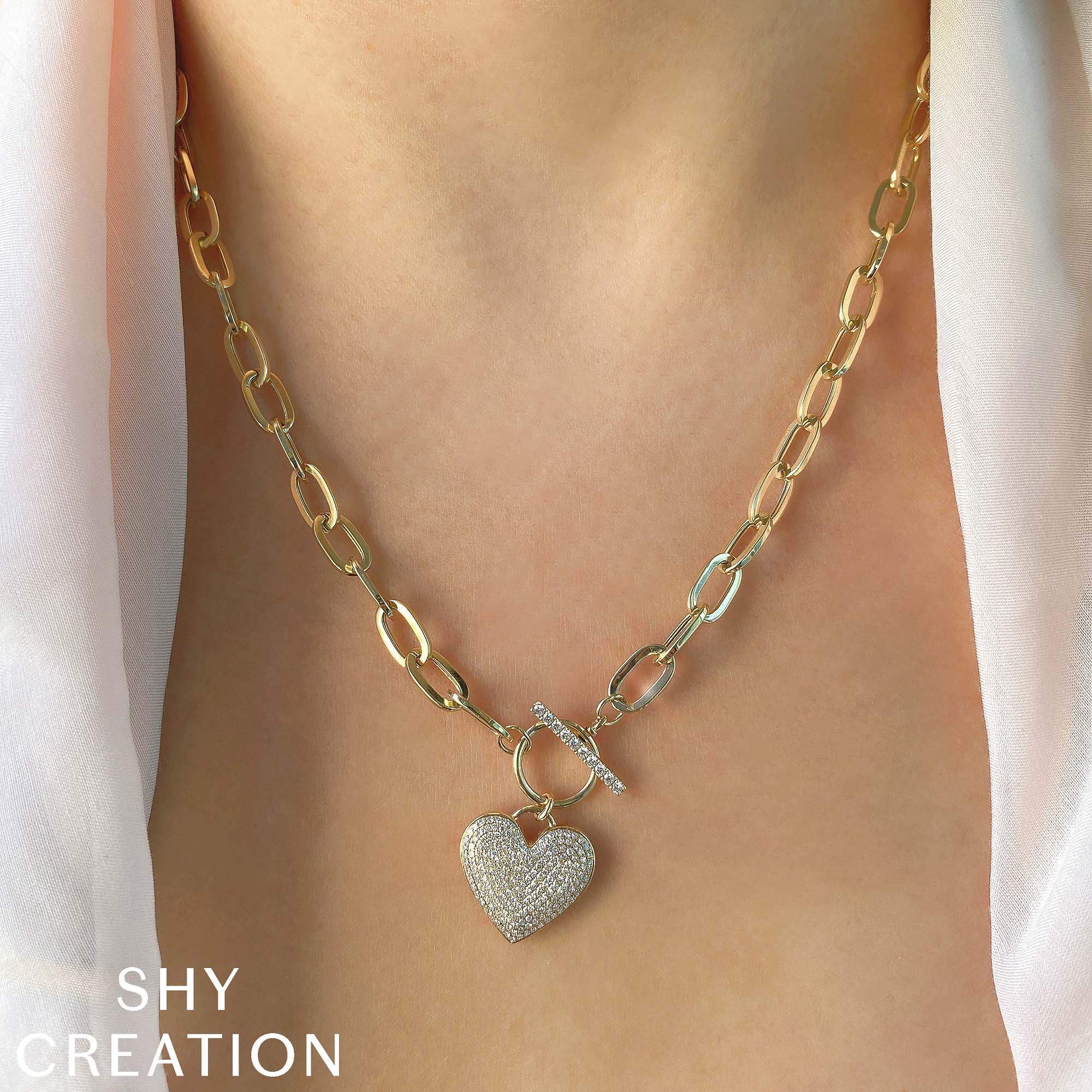 0.50CT 14K Y/G DIAMOND PAVE HEART PAPER CLIP LINK NECKLACE