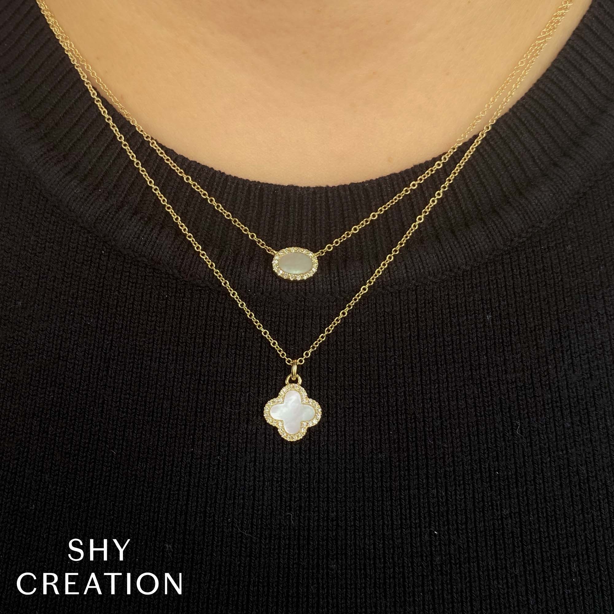 0.08CT DIAMOND &  0.41CT MOTHER OF PEARL 14K Y/G CLOVER NECKLACE