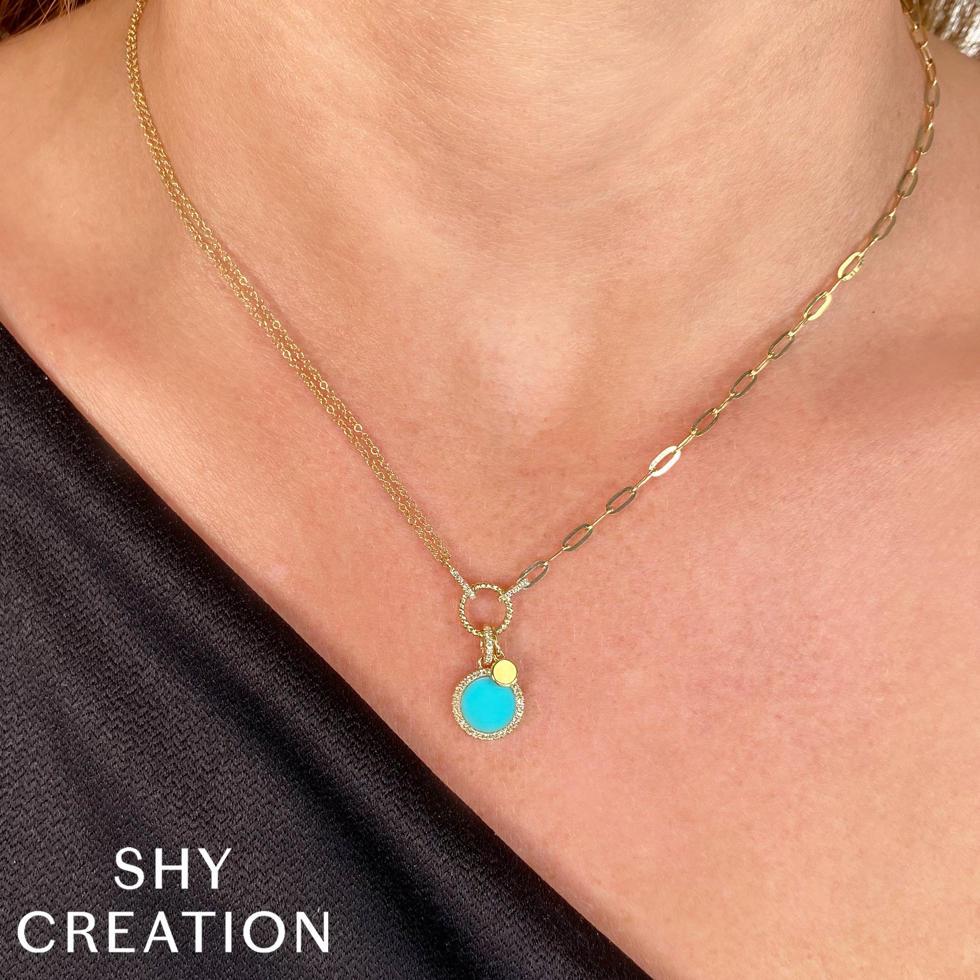 0.13CT DIAMOND & 0.70CT COMPOSITE TURQUOISE 14K Y/G CIRCLE PAPER CLIP LINK NECKLACE