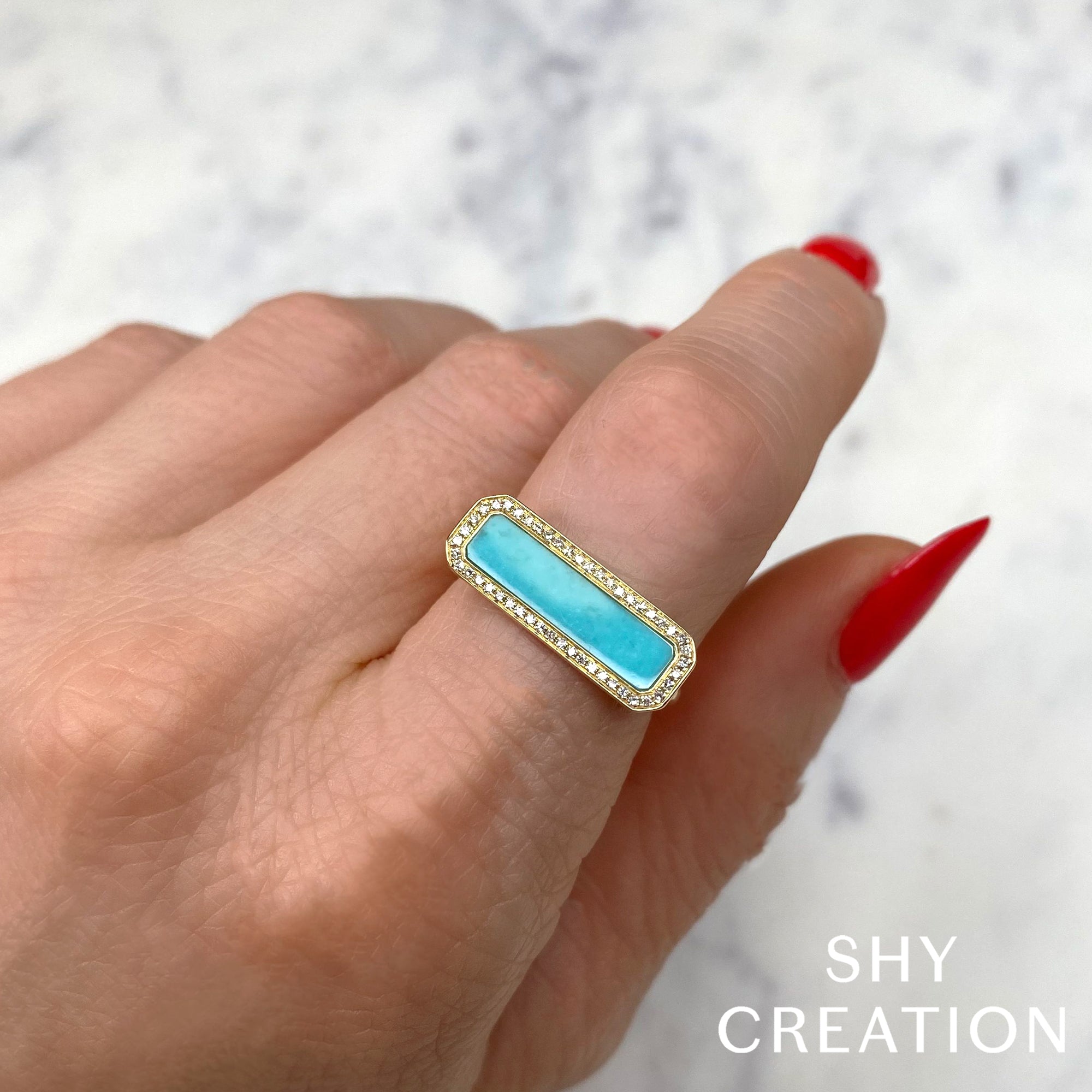 0.11CT DIAMOND & 1.03CT COMPOSITE TURQUOISE 14K Y/G BAR RING