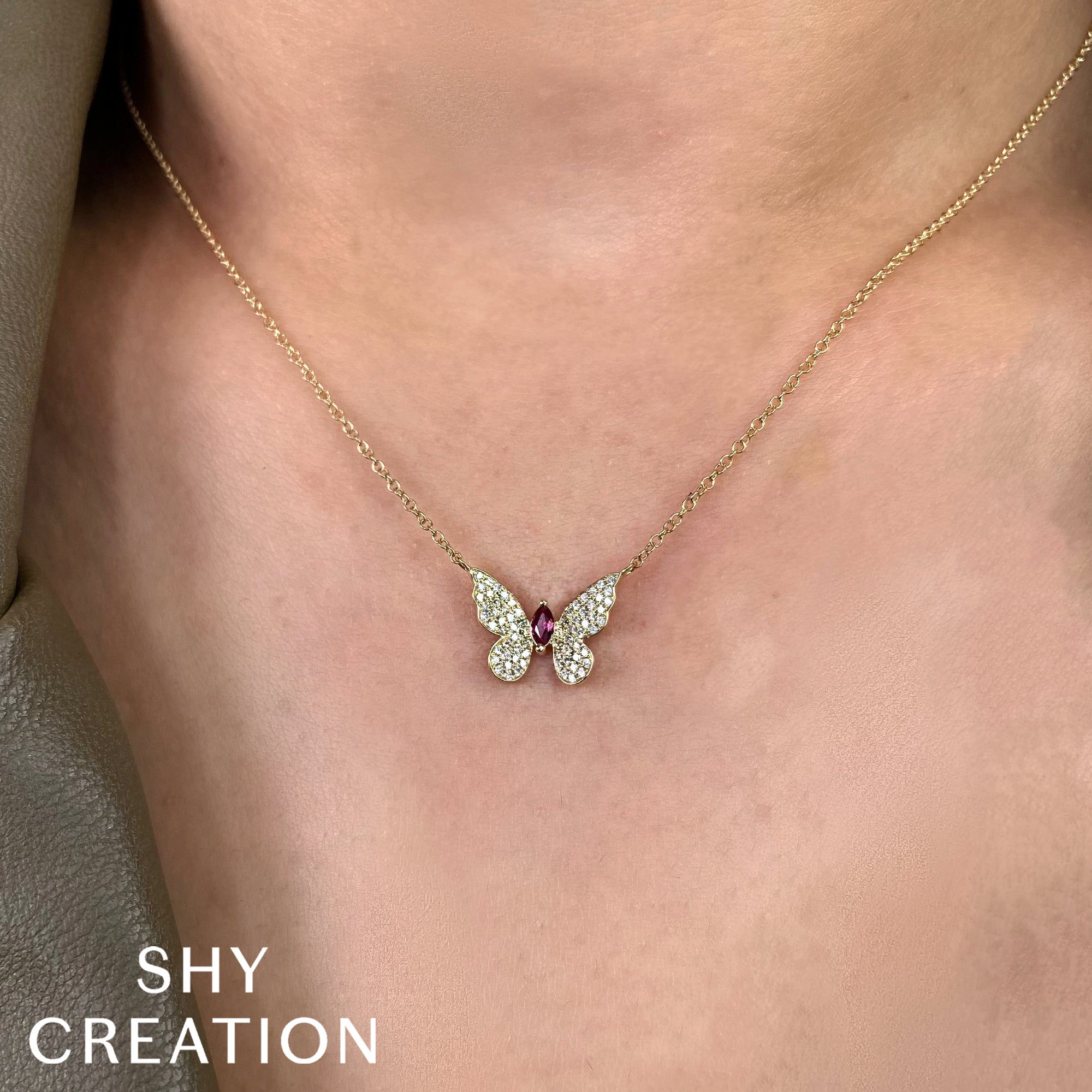 0.16CT DIAMOND & 0.09CT RUBY 14K Y/G MARQUISE BUTTERFLY NECKLACE