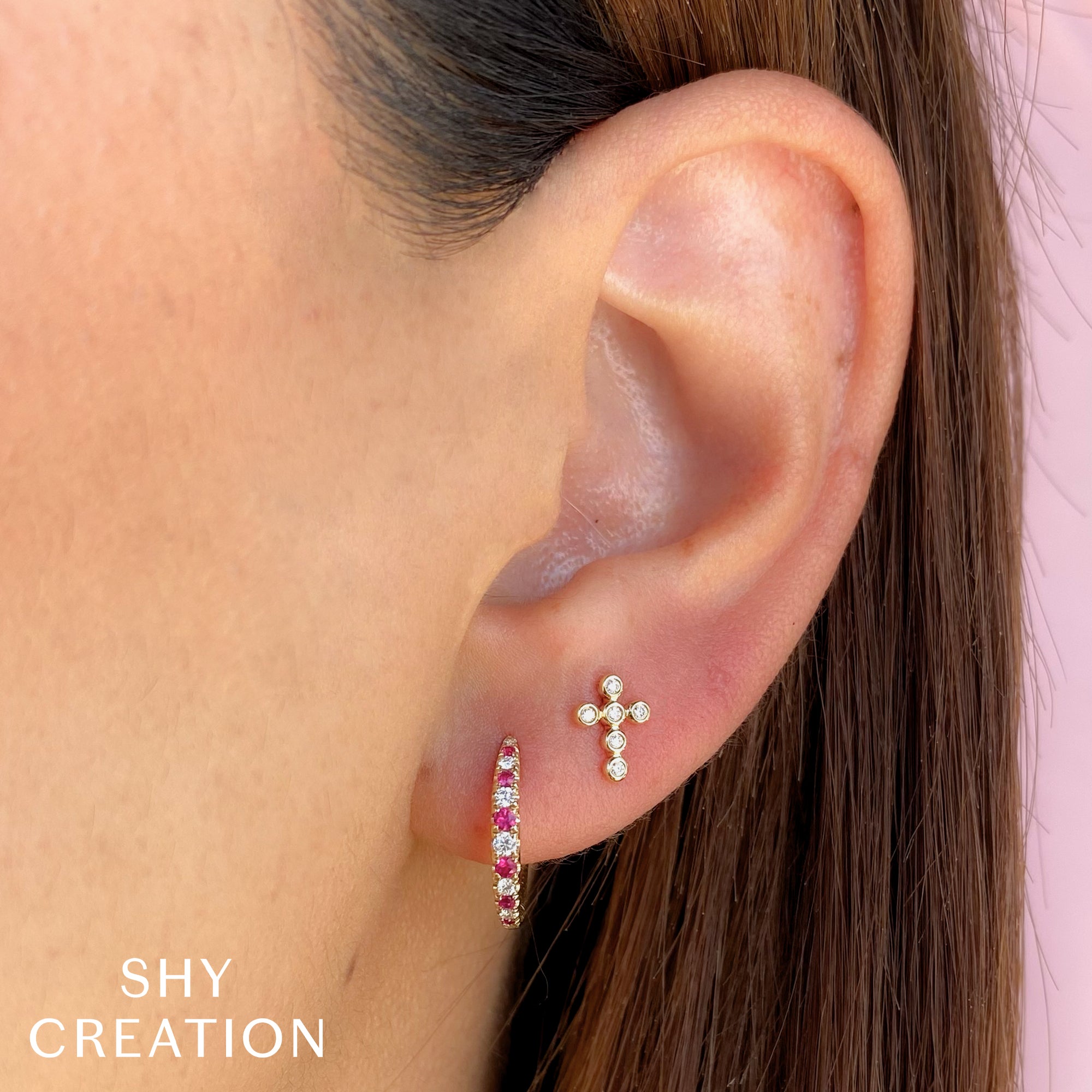 0.07CT 14K Y/G DIAMOND BEZEL CROSS STUD EARRING