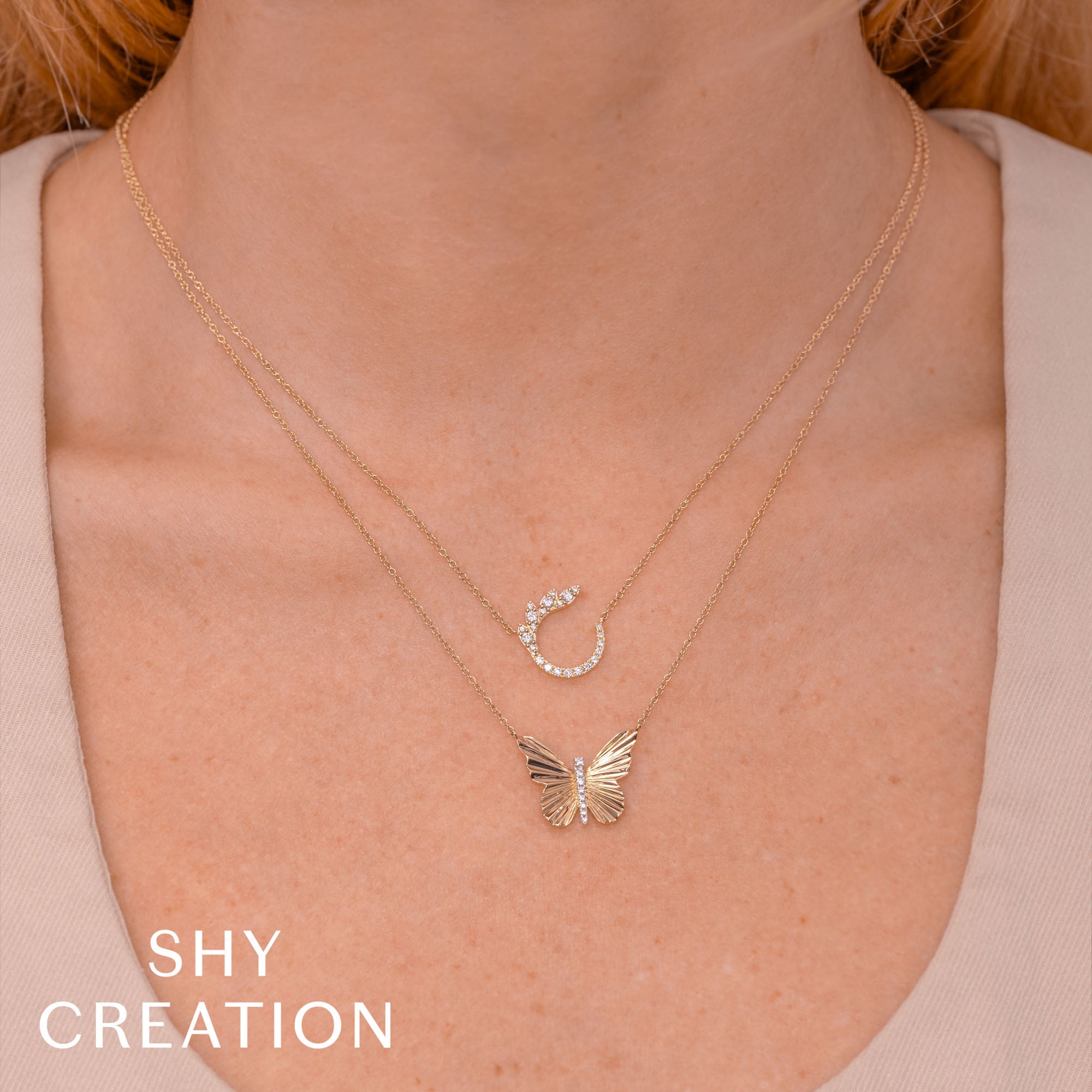0.06CT 14K Y/G DIAMOND RIBBED BUTTERFLY NECKLACE