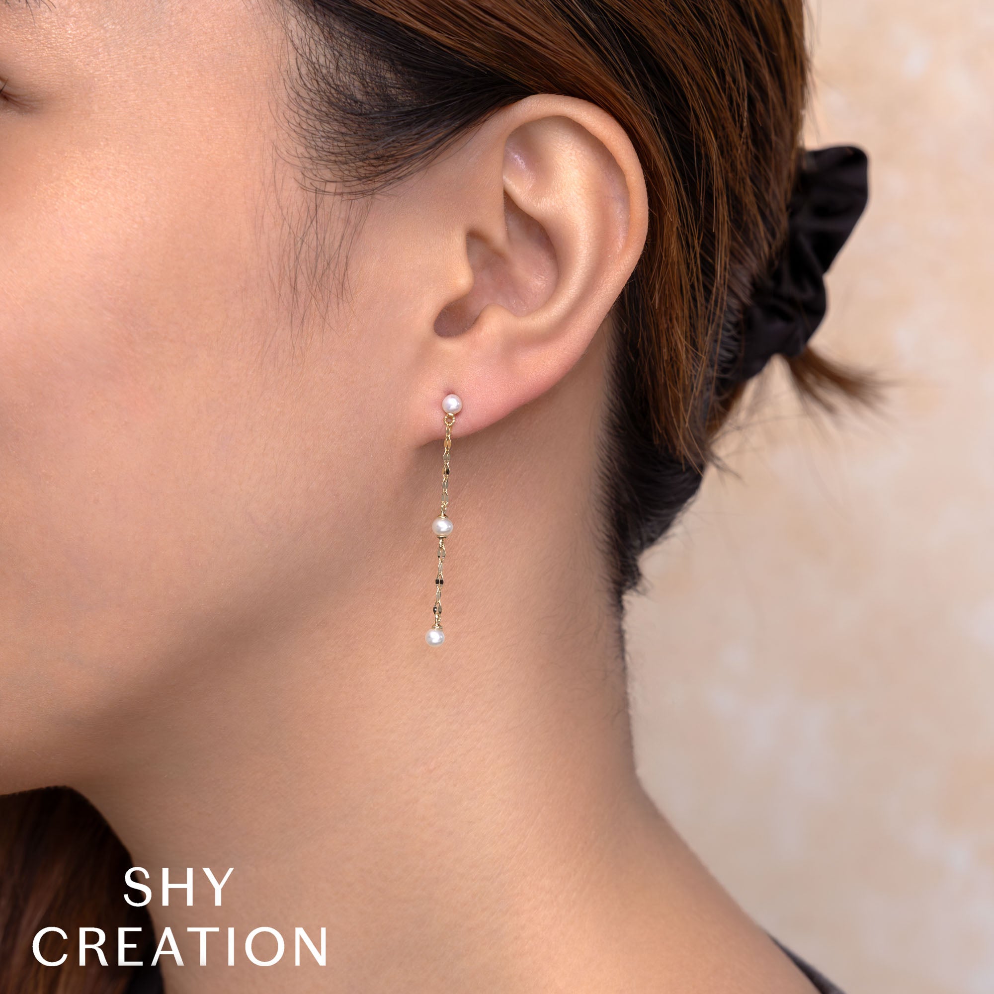 14K Y/G CULTURED PEARL SPARKLE CHAIN EARRING