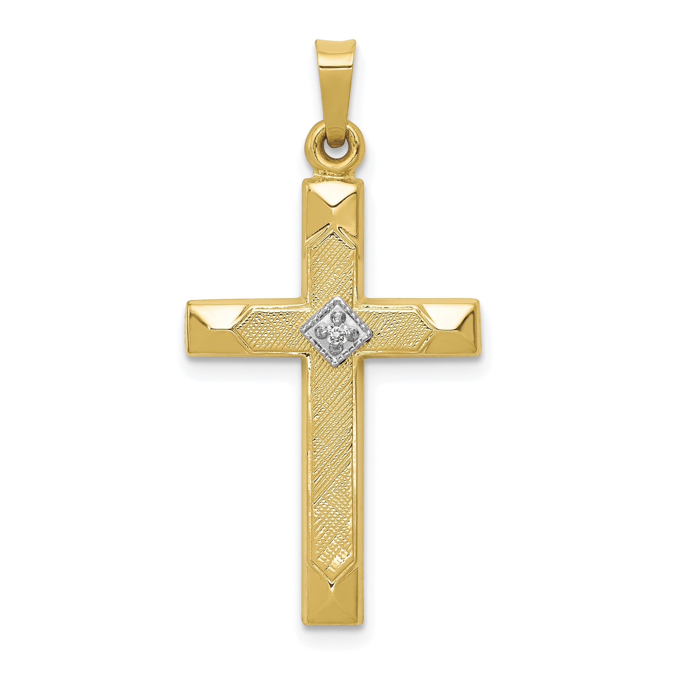 14k Textured and Polished Diamond Cross Pendant