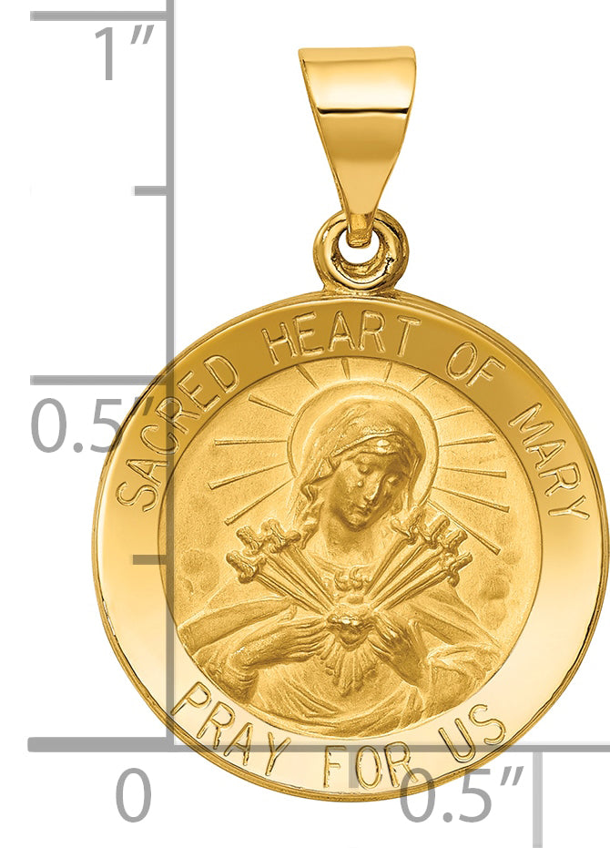 14k Polished and Satin Sacred Heart of Mary Medal Hollow Pendant