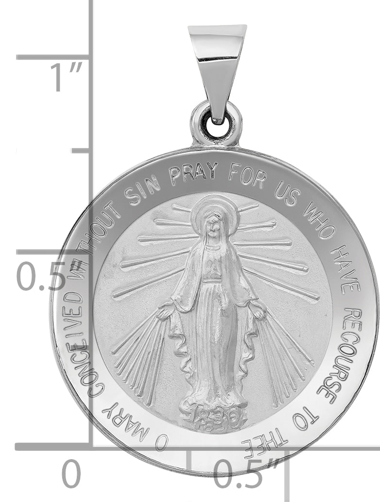14k White Gold Polished / Satin Miraculous Medal Hollow Pendant