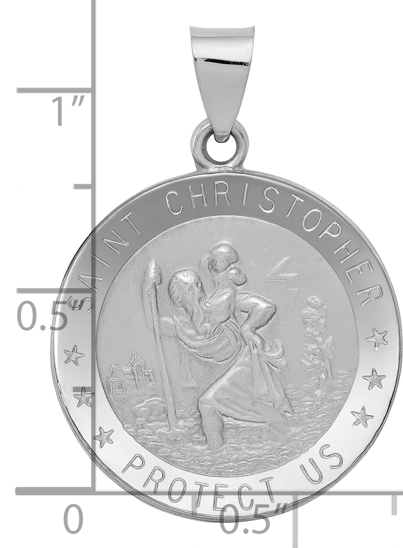 14k White Gold Polished/Satin St Christopher Medal Hollow Pendant