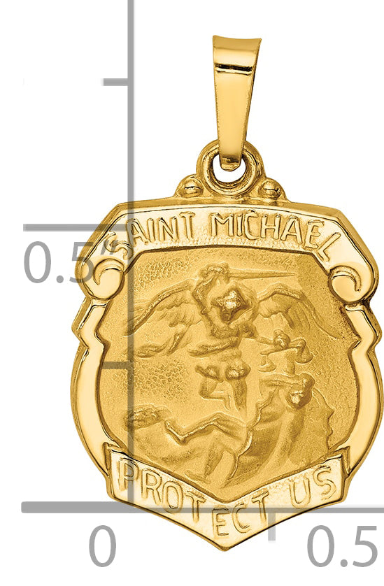 14k Polished and Satin St Michael Badge Medal Hollow Pendant