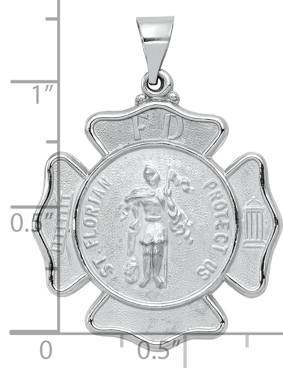 14k White Gold Polish/Satin St Florian Badge Medal Hollow Pendant