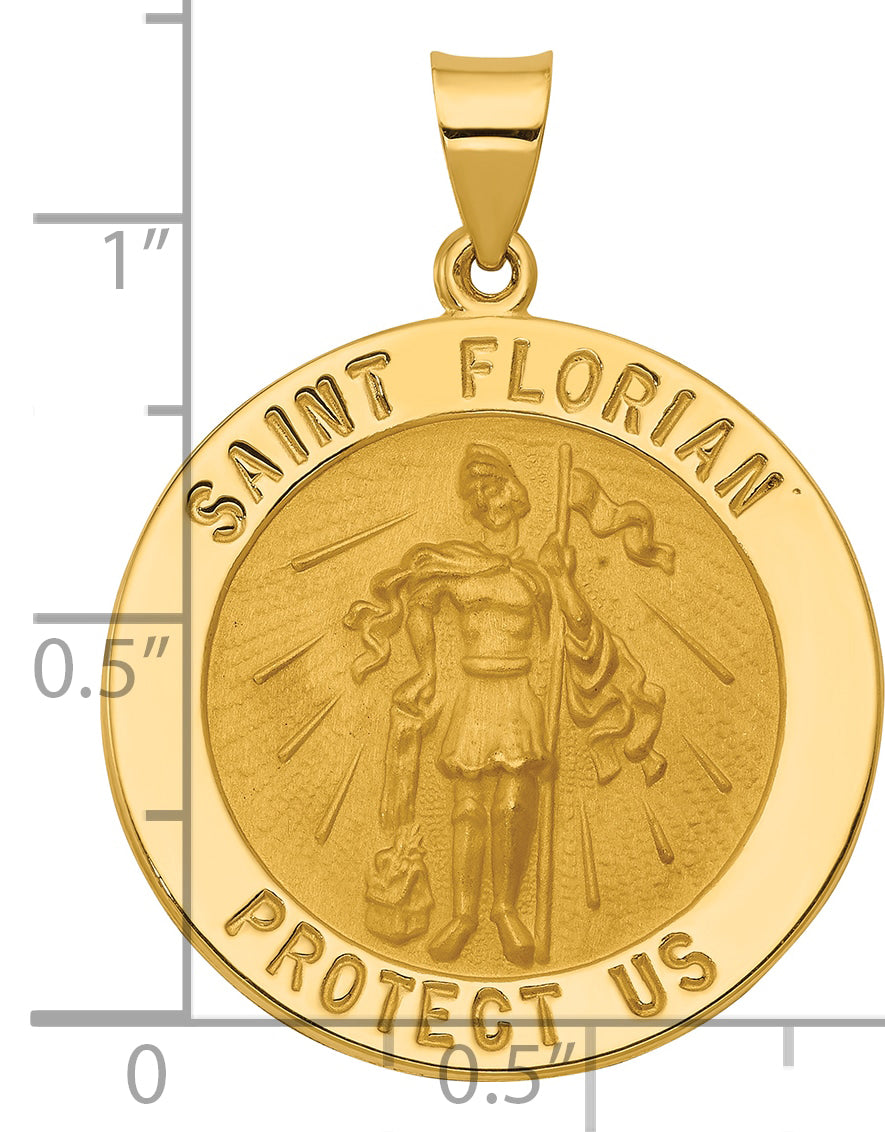 14k Polished and Satin St Florian Medal Hollow Pendant