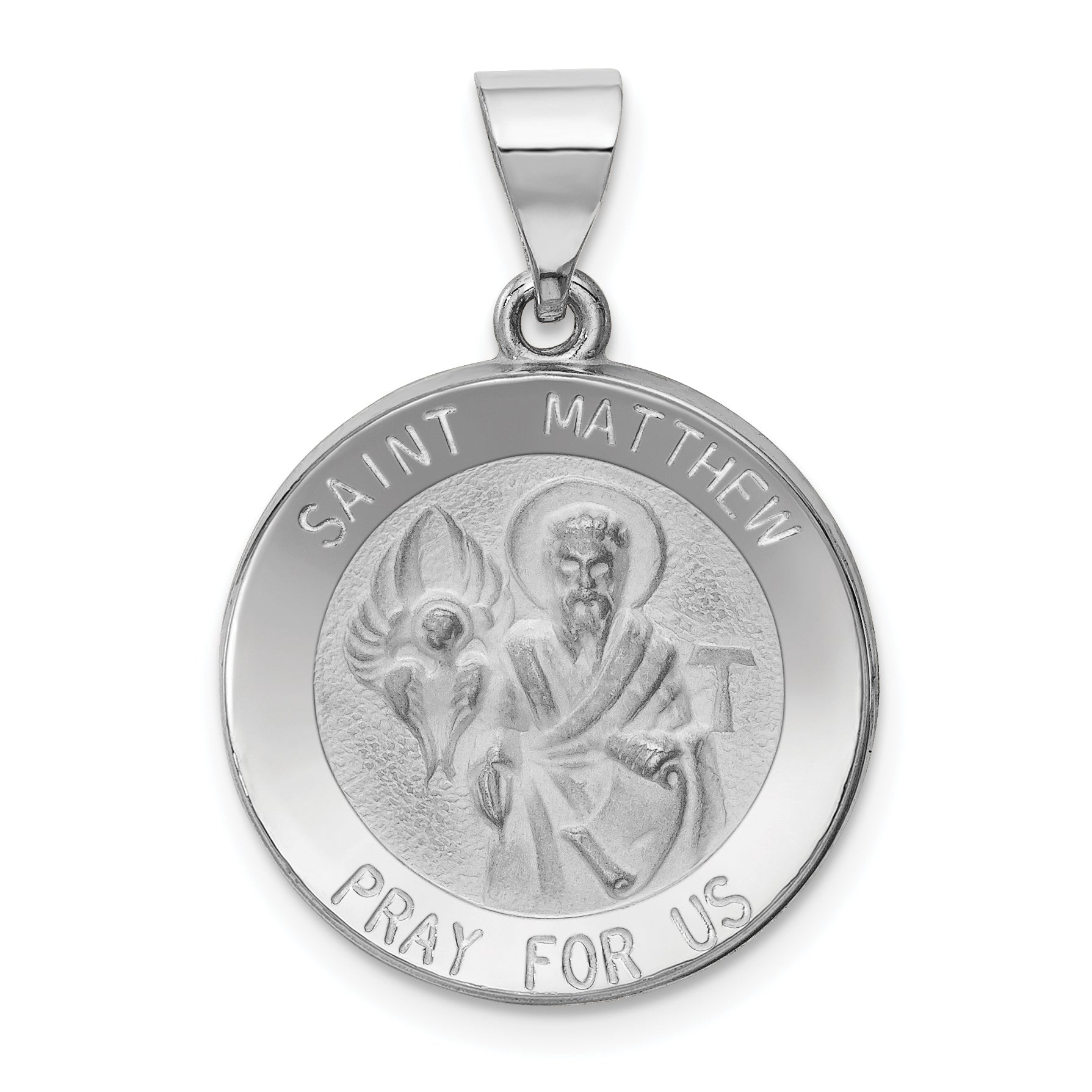 14k White Gold Polished and Satin St Matthew Hollow Pendant