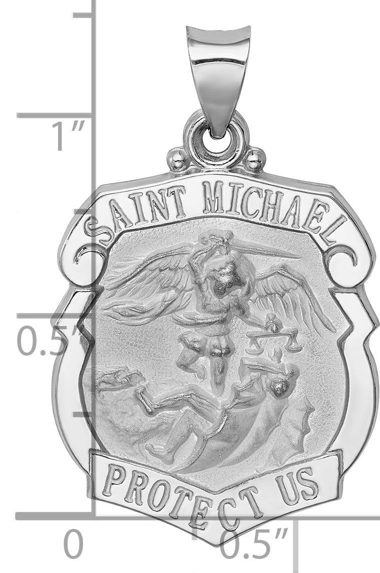 14K White Gold Polish/Satin St Michael Badge Medal Hollow Pendant