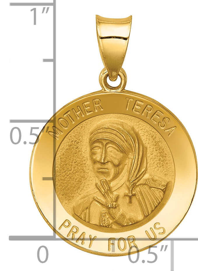 14k Polished and Satin Mother Teresa Medal Hollow Pendant
