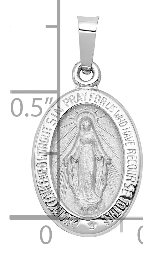 14k White Gold Polished/Satin Miraculous Medal Hollow Pendant