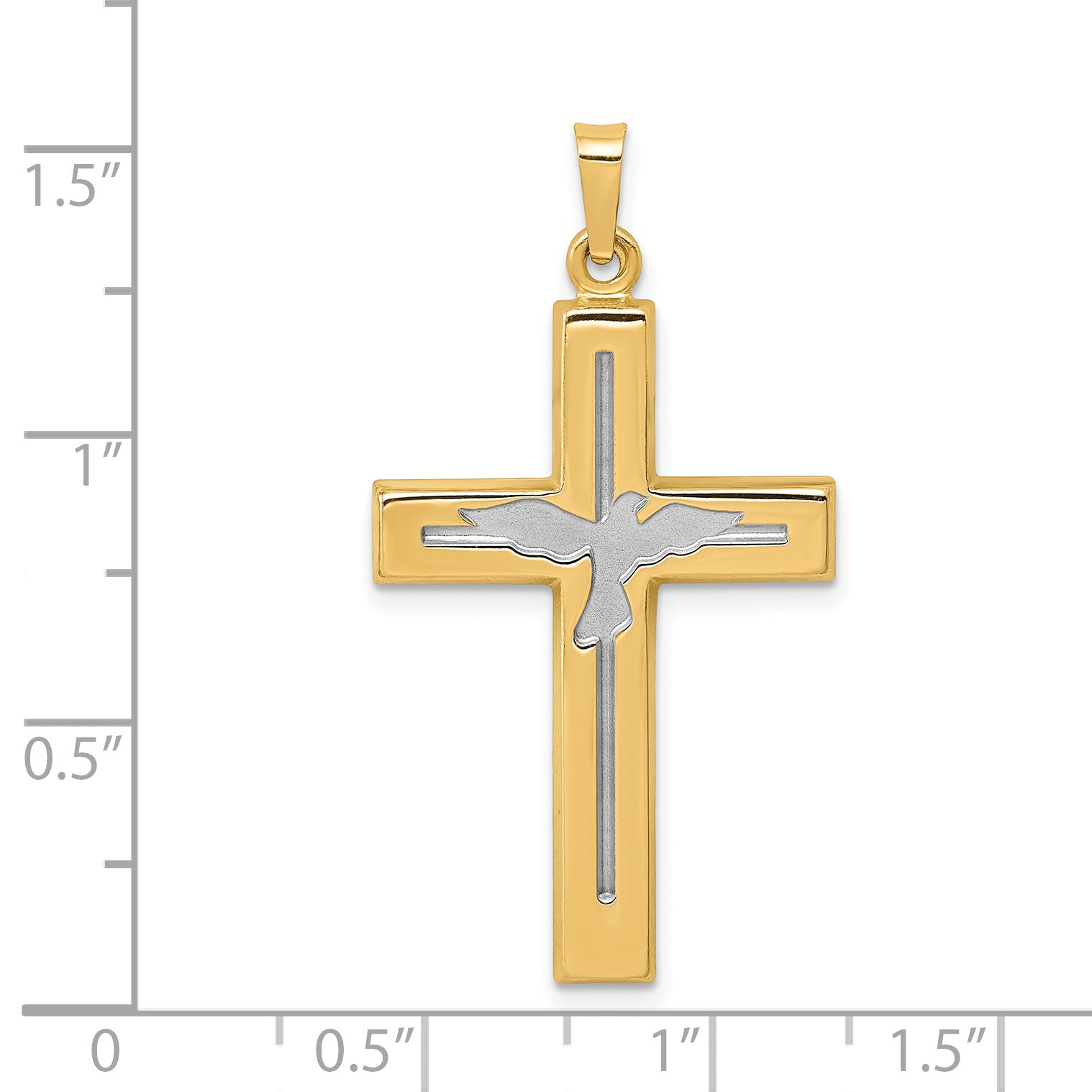 14K W/Rhodium Polished and Satin Cross W/Dove Pendant