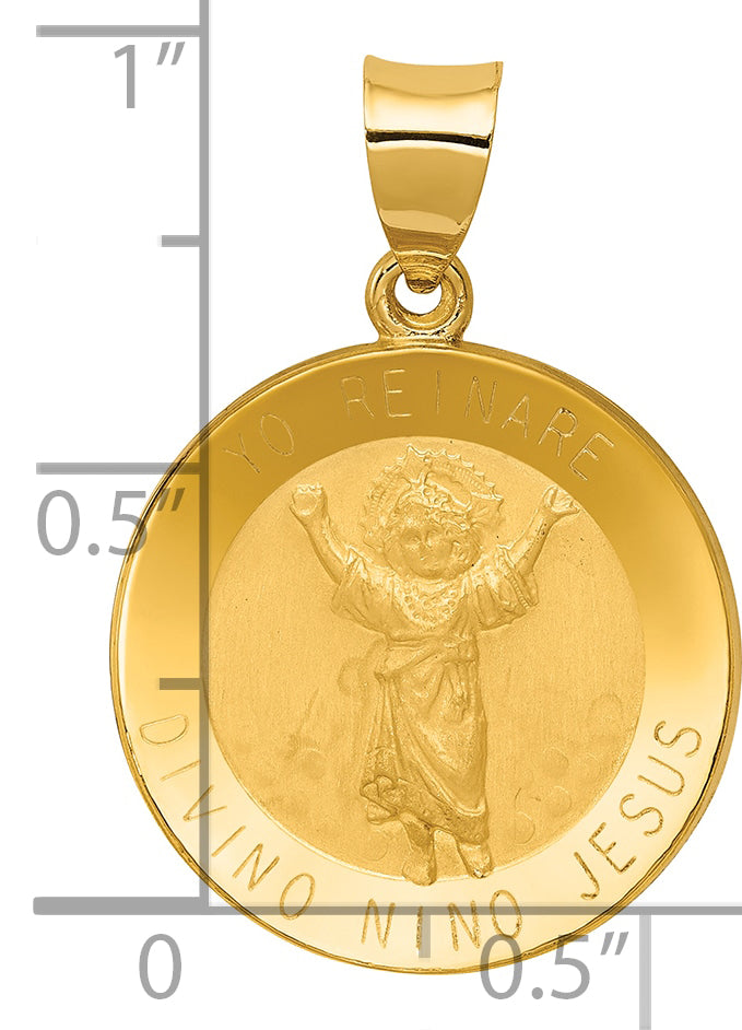 14K Polished Satin Hollow Divino Nino Round Medal Pendant