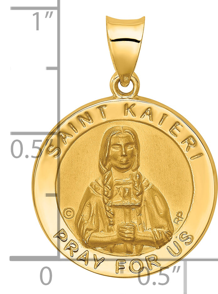 14K Polished / Satin St. Kateri Hollow Medal Pendant