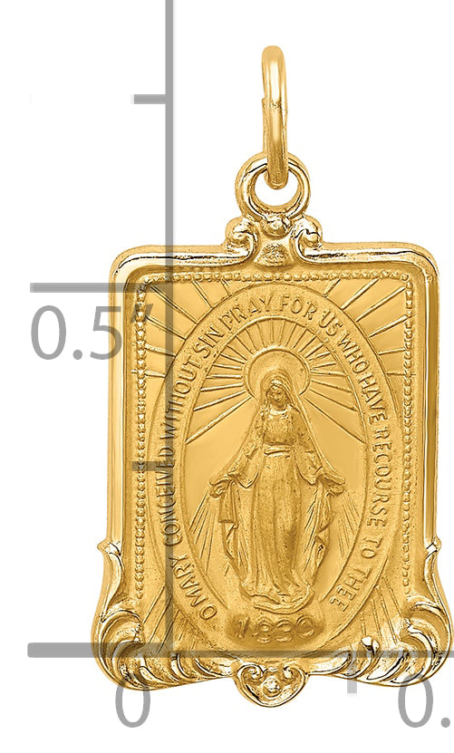 14K Solid Polished/Satin Rectangle Framed Miraculous Medal