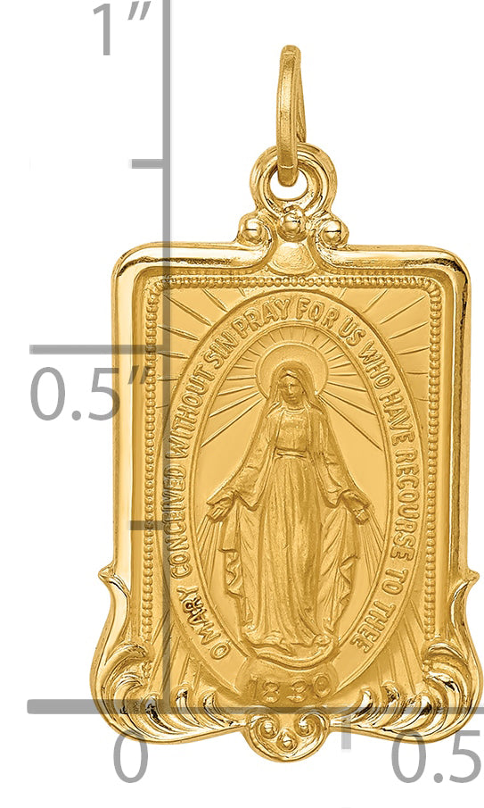 14k Solid Polished/Satin Large Rectangle Framed Miraculous Medal