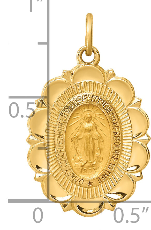 14k Solid Polished/Satin Small Fancy Oval Miraculous Medal