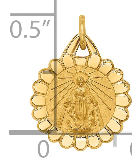 14k Solid Polished/Satin Tiny Round Scalloped Miraculous Medal