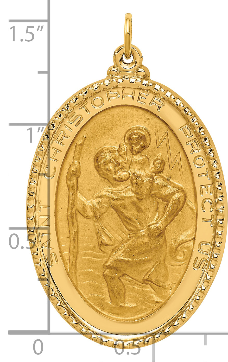 14K Solid Polished/Satin Beaded Edge St. Christopher Medal