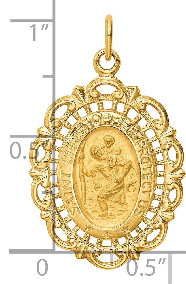 14k Solid Polished/Satin Medium Fancy Pierced Oval St. Christopher Medal