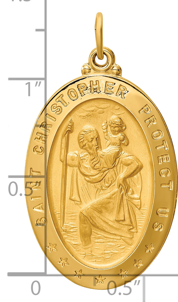 14k Solid Polished/Satin Large Oval St. Christopher Medal