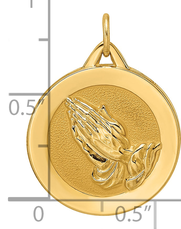 14k Polished and Satin Solid Praying Hands Disc Pendant
