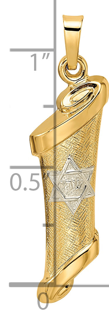14k Two-tone Polished/Textured Hollow Torah Scroll Pendant