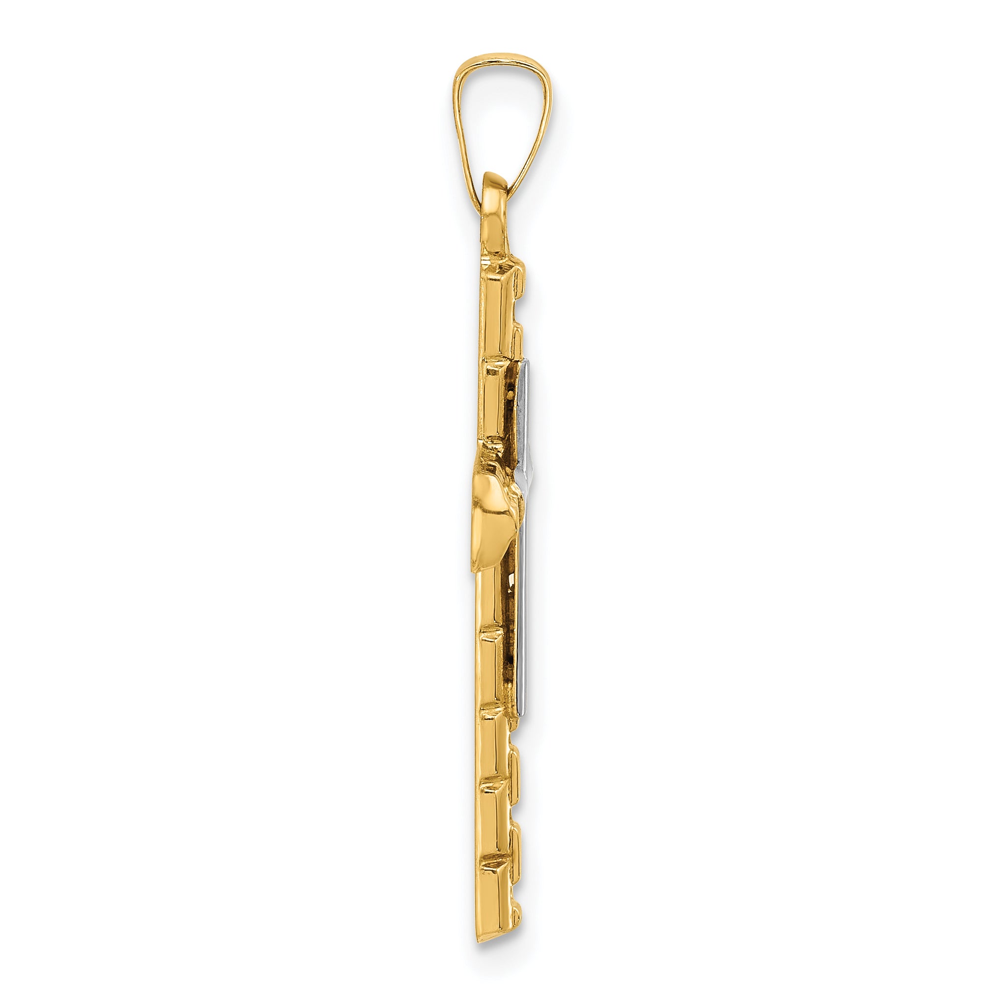14k Two-Tone Textured and Polished Hollow Latin Cross Pendant