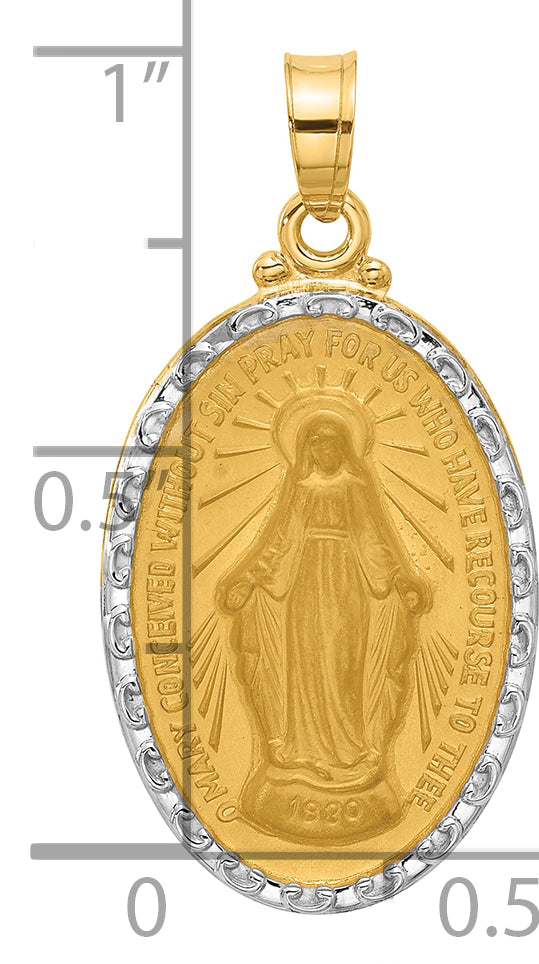 14K with Rhodium Satin and Polished Miraculous Medal Solid Oval Pendant