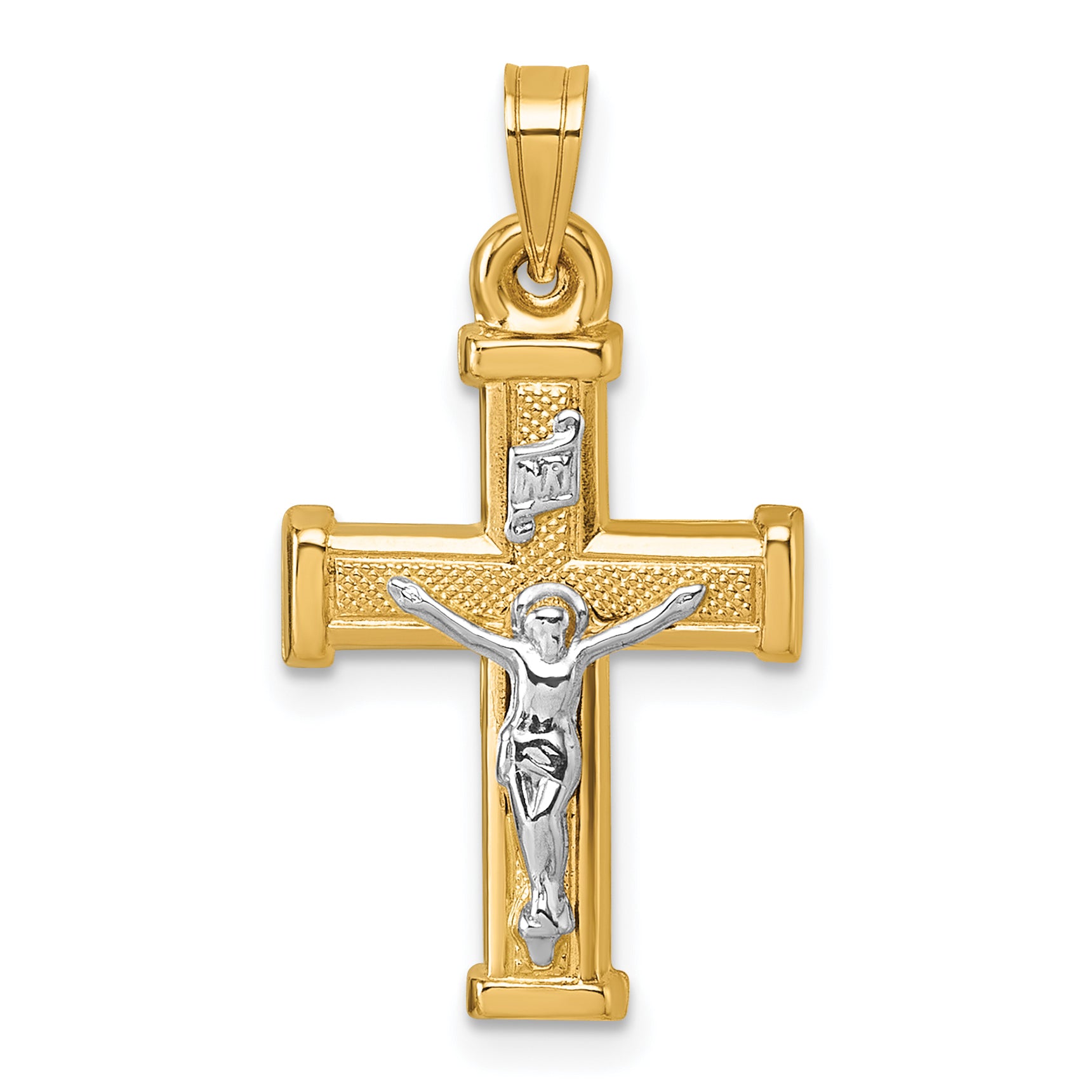 14k w/ White Rhodium Polished INRI Crucifix Cross Pendant