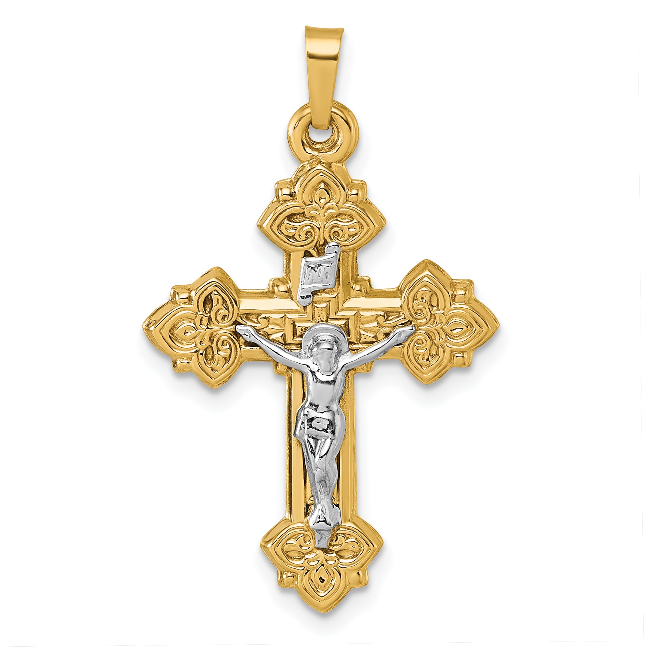 14k with White Rhodium Polished INRI Crucifix Cross Pendant